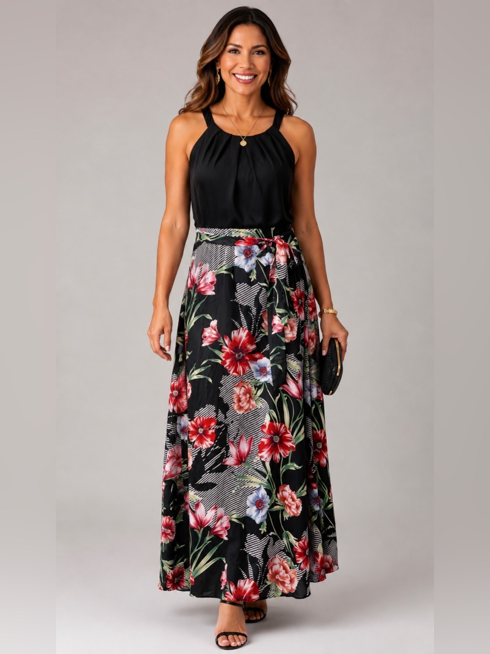 Be by Chetta B Black Halter Maxi Dress Floral Skirt Tie Waist Sz 8